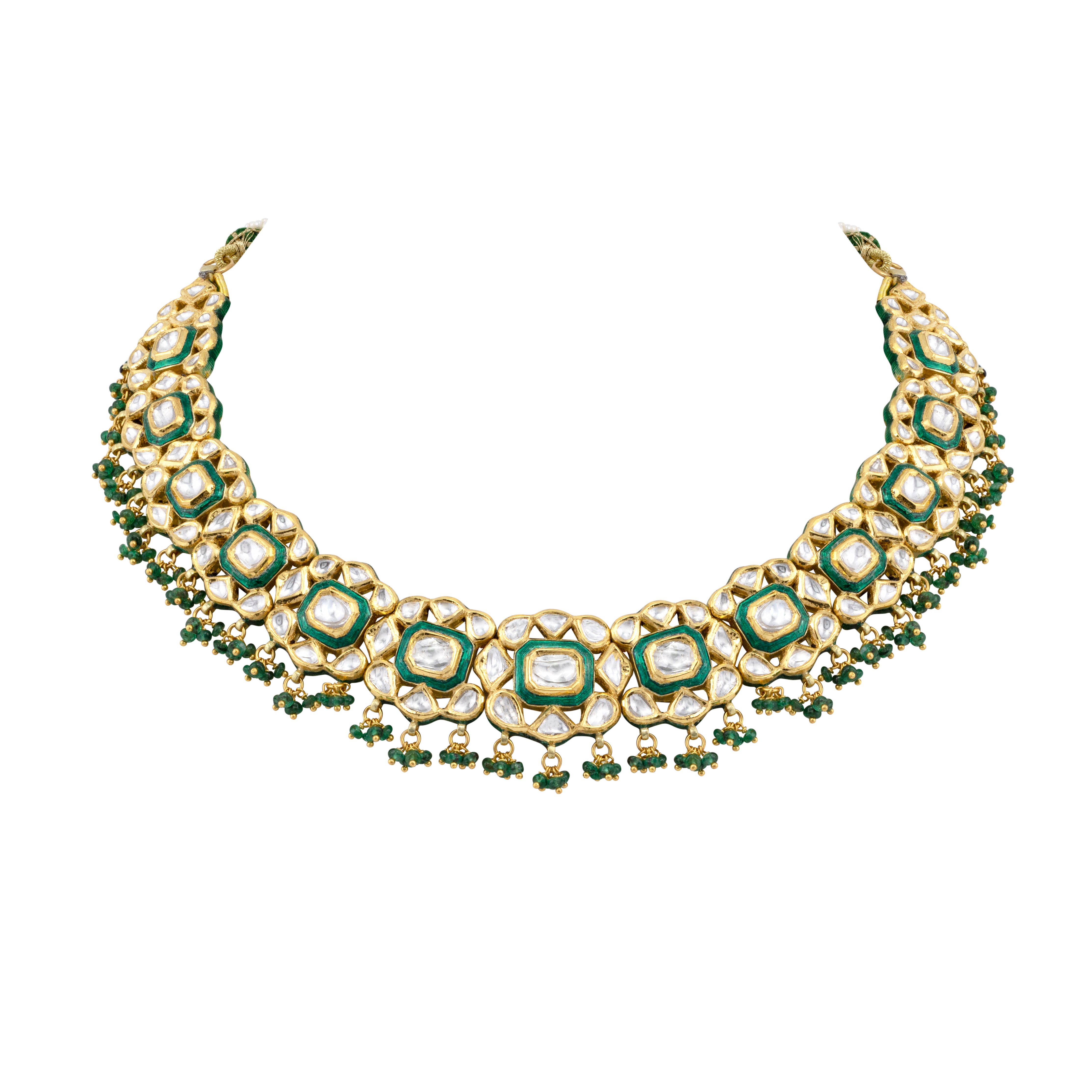 Green Enamel Polki Necklace with Emerald Beads
